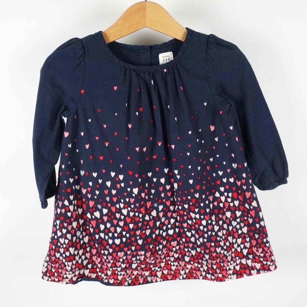 Baby GAP Heart Print‎ Dress Kids 12-18 Months Navy Blue Long Sleeve Cotton